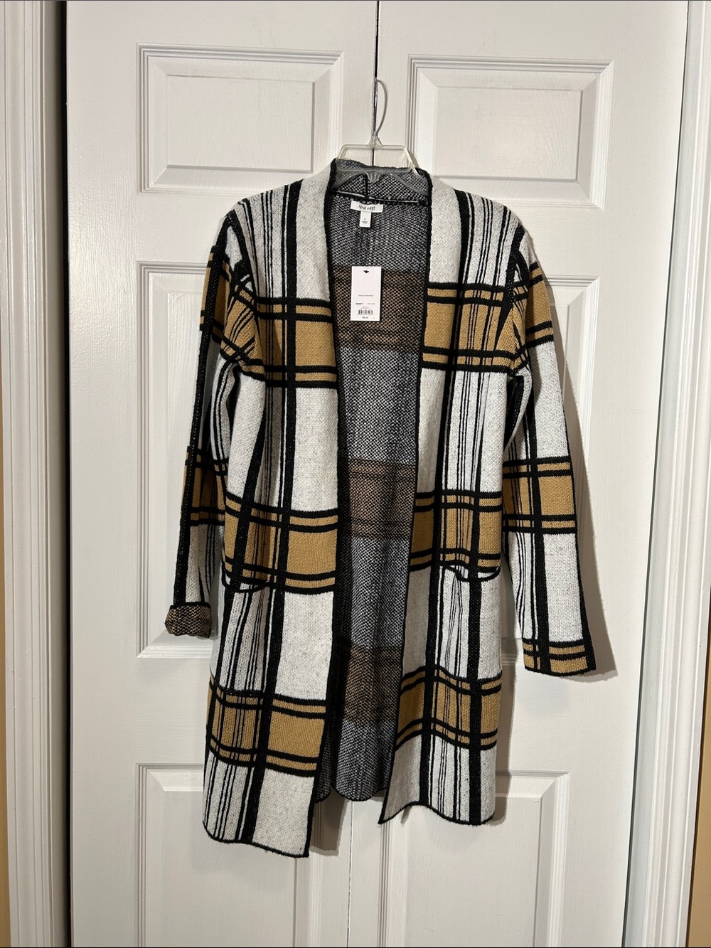 NWT Nine West Open-Front Plaid Cardigan - White, Tan & Black Size L Large